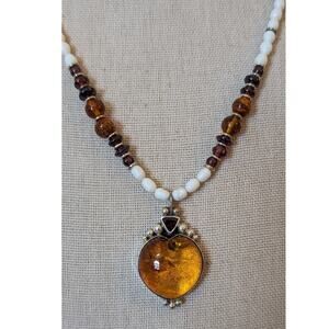 DEL Sterling Amber Heart Amber Garnet Freshwater Pearl Pendant Necklace
